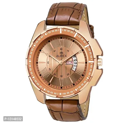AUREX Analouge Brown Dial Day and Date Watch Water Resistant Brwon Color Strap Watches for Mens/Boys (AX-GR149-BRBR)