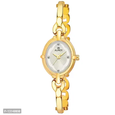 Aurex Analogue 18 K Gold Plated Swarovski Crystal Studded Silver Dial Oval Shaped Bracelet Quartz Wrist Watch for Women/Ladies/Girls (AX-LO7029-SLGL)-thumb0