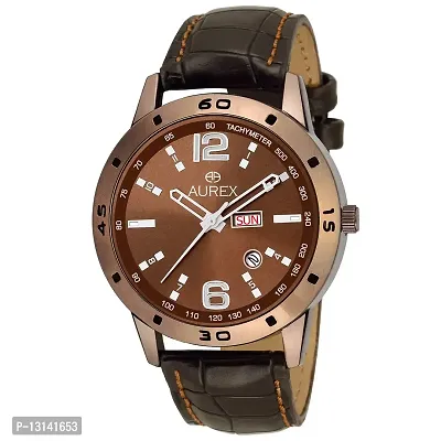 AUREX Analouge Brown Dial Day and Date Watch Water Resistant Brown Color Strap Watches for Mens/Boys (AX-GR154-BRBR)