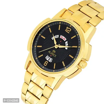 Aurex Analogue Gold Plated Black Dial Day And Date Stainless Steel Men's And Boy's Bracelet Watch-thumb2