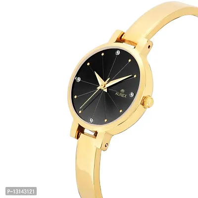Aurex Classy 18 K Gold Plated Crystal Studded Black Dial Ion Gold Plated Brass Bracelet Wrist Watch for Women/Ladies/Girls (AX-LR7957-BKG)-thumb2