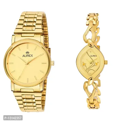 AUREX Analogue Men's & Women's Watch (Gold Dial Gold Colored Strap) (Pack of 2)