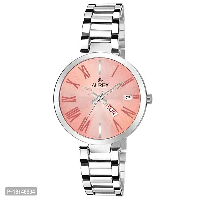 AUREX Pink Dial Round Shaped Day  Date Functioning Stainless Steel Bracelet Watch for Ladies/Women/Girls (AX-LR547-PKC)