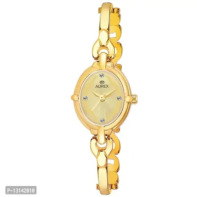 Aurex Analogue 18 K Gold Plated Swarovski Crystal Studded Golden Dial Oval Shaped Bracelet Quartz Wrist Watch for Women/Ladies/Girls (AX-LO7029-GLGL)-thumb0