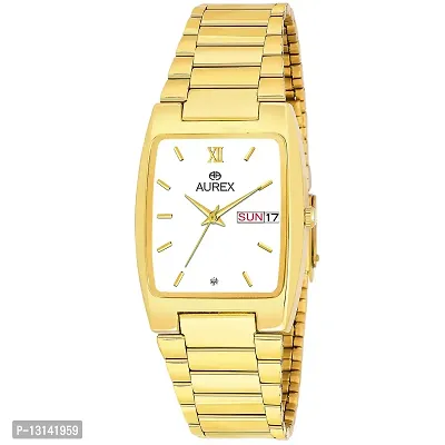 Aurex Gold Plated White Dial Day & Date Stainless Steel Bracelet Watch for Men/Boys (AX-GSQ665-WTG)