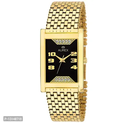 AUREX Analogue Men's Watch (Black Dial Gold Colored Strap)