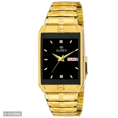 AUREX Analogue Men's Watch (Black Dial Gold Colored Strap)