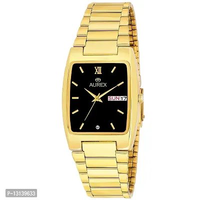 Aurex Men's Gold Plated Analogue Black Dial Day  Date Stainless Steel Bracelet Watch (Gold)