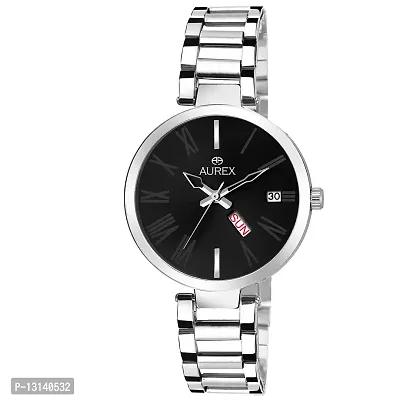 Aurex Analogue Black Dial Round Shaped Day And Date Functioning Stainless Steel Women's And Girl's Bracelet Watch (Ax-Lr547-Bkc)