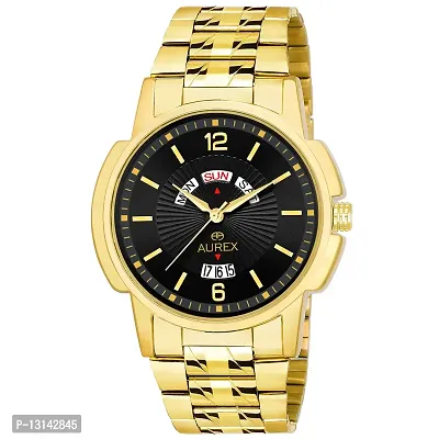 Aurex Analogue Gold Plated Black Dial Day And Date Stainless Steel Men's And Boy's Bracelet Watch-thumb0