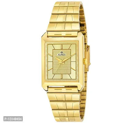 Aurex Gold Plated Golden Dial Square Shaped Metal Bracelet Luxury Watch for Men/Boys (AX- AX-GSQ7007-GLG)