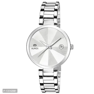 Aurex Silver Dial Round Shaped Date Functioning Stainless Steel Bracelet Watch for Ladies/Women/Girls (AX-LR549-SLC)