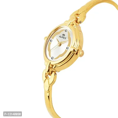 Aurex Analogue 18 K Gold Plated Swarovski Crystal Studded Silver Dial Oval Shaped Bracelet Quartz Wrist Watch for Women/Ladies/Girls (AX-LO7029-SLGL)-thumb2