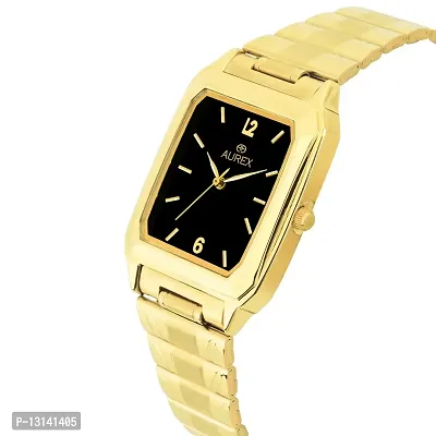 Aurex Gold Plated Black Dial Square Shaped Metal Bracelet Luxury Watch for Men/Boys AX-GSQ9315-BKG)-thumb2