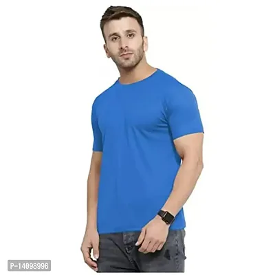 Reliable Blue Cotton Blend Solid Round Neck Tees For Men-thumb3