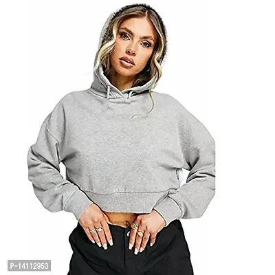 Stylish Grey Cotton Blend Solid Hoodies For Women-thumb2