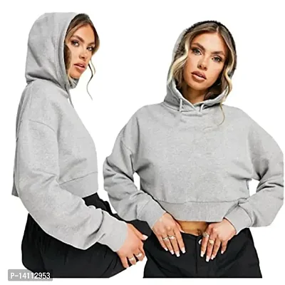 Stylish Grey Cotton Blend Solid Hoodies For Women-thumb0