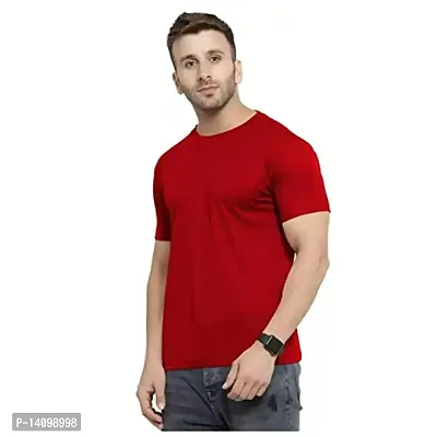 Reliable Red Cotton Blend Solid Round Neck Tees For Men-thumb3