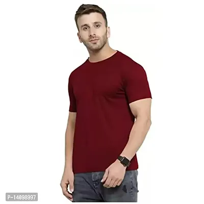 Reliable Maroon Cotton Blend Solid Round Neck Tees For Men-thumb3