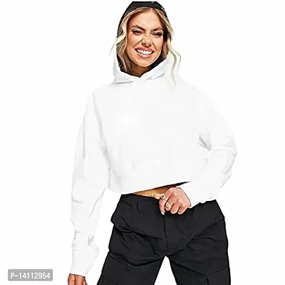 Stylish White Cotton Blend Solid Hoodies For Women