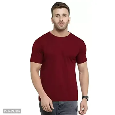 Reliable Maroon Cotton Blend Solid Round Neck Tees For Men