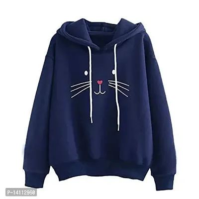 Stylish Navy Blue Cotton Blend Printed Hoodies For Women