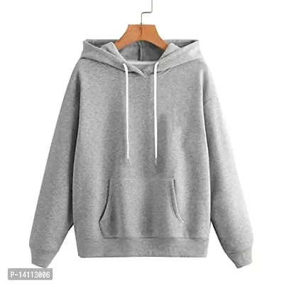 Stylish Grey Cotton Blend Solid Hoodies For Women-thumb0