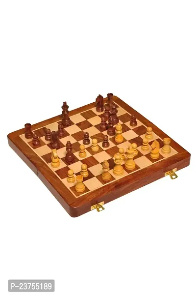 WOODHOBBLE Wooden Handmade Foldable Magnetic Chess Board Set with Magnetic Pieces and Extra Queens for Kids and Adults (7x7 Inches, Brown)-thumb0