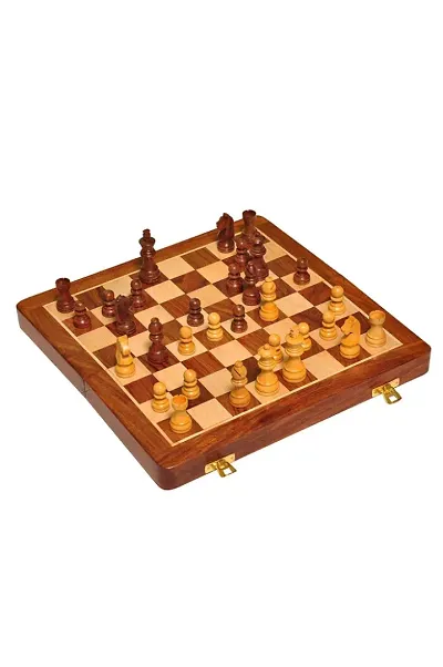 WOODHOBBLE Wooden Handmade Foldable Magnetic Chess Board Set with Magnetic Pieces and Extra Queens for Kids and Adults (7x7 Inches, Brown)