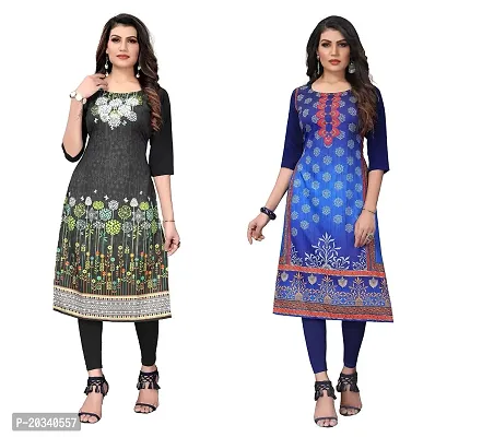 SANSKRUTI FASHION Women's Crepe Digital Print Straight Kurta(Pack of 2) (L, DARKBLACKNAVYBLUE)