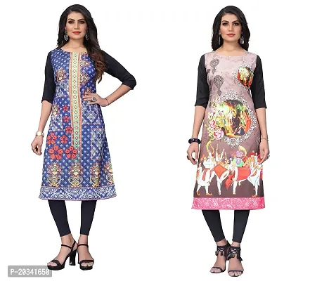 SANSKRUTI FASHION Women's Crepe Digital Print Straight Kurta(Pack of 2) (XL, STEEBLUECream)-thumb0