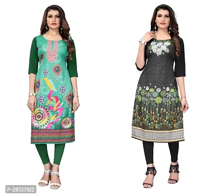 SANSKRUTI FASHION Women's Crepe Digital Print Straight Kurta(Pack 2) (M, DarkGreenDARKBLACK)