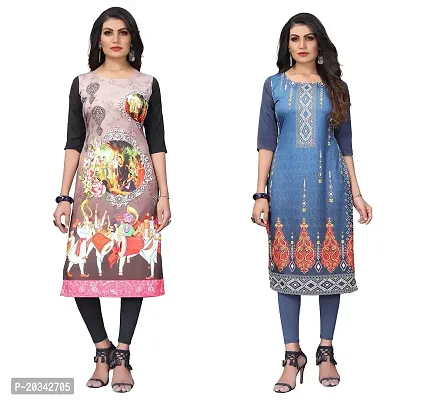 SANSKRUTI FASHION Women's Crepe Digital Print Straight Kurta(Pack of 2) (S, CreamBluegrey)-thumb0