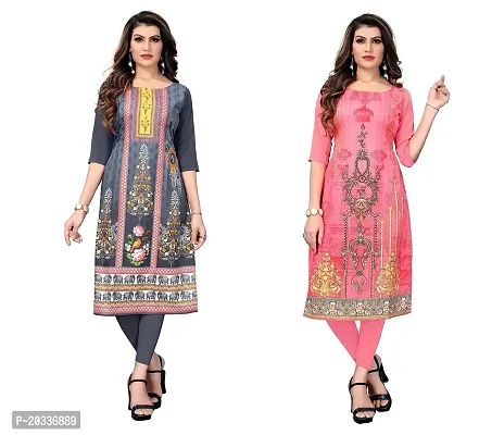 SANSKRUTI FASHION Women's Crepe Digital Print Straight Kurta(Pack of 2) (S, GreyCORALPINK)-thumb0