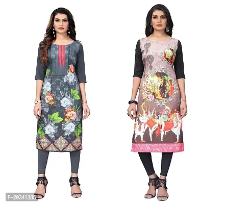 SANSKRUTI FASHION Women's Crepe Digital Print Straight Kurta(Pack of 2) (S, LIGHTGREYCream)-thumb0