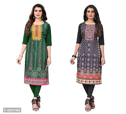 SANSKRUTI FASHION Women's Crepe Digital Print Straight Kurta(Pack of 2) (S, LightGreenREDBLACK)-thumb0