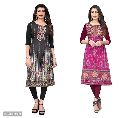 SANSKRUTI FASHION Women's Crepe Digital Print Straight Kurta(Pack of 2) (M, BlackDARKPURPEL)-thumb0