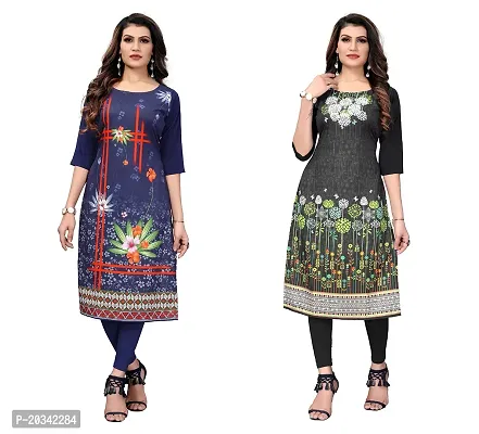 SANSKRUTI FASHION Women's Crepe Digital Print Straight Kurta(Pack of 2) (S, DARKBLUEDARKBLACK)-thumb0