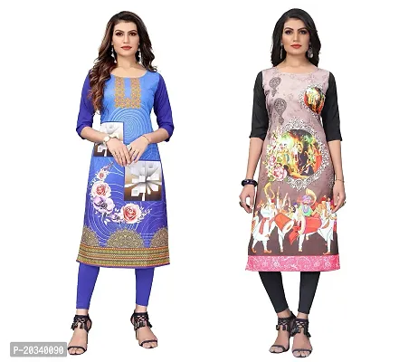 SANSKRUTI FASHION Women's Crepe Digital Print Straight Kurta(Pack of 2) (XL, BlueCream)-thumb0