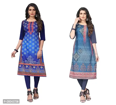 SANSKRUTI FASHION Women's Crepe Digital Print Straight Kurta(Pack of 2) (L, NAVYBLUEDIMGREY)-thumb0