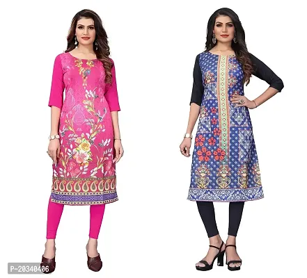 SANSKRUTI FASHION Women's Crepe Digital Print Straight Kurta(Pack of 2) (XL, HOTPINKSTEEBLUE)