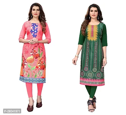 SANSKRUTI FASHION Women's Crepe Digital Print Straight Kurta(Pack 2) (M, PeachLightGreen)