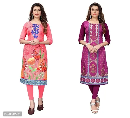 SANSKRUTI FASHION Women's Crepe Digital Print Straight Kurta(Pack 2) (S, PeachDARKPURPEL)-thumb0