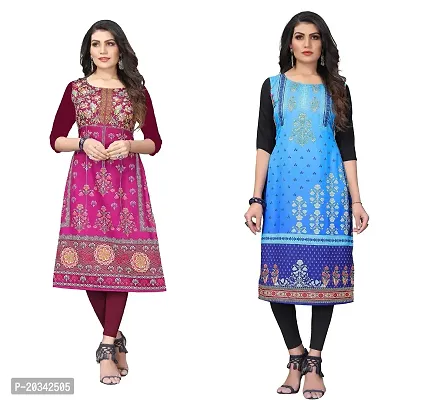 SANSKRUTI FASHION Women's Crepe Digital Print Straight Kurta(Pack of 2) (XL, PURPELBabyblue)-thumb0