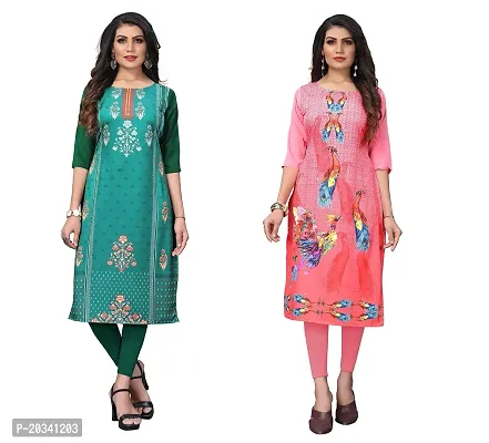 SANSKRUTI FASHION Women's Crepe Digital Print Straight Kurta(Pack of 2) (S, SeagreenRosepink)