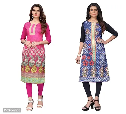 SANSKRUTI FASHION Women's Crepe Digital Print Straight Kurta(Pack 2) (XL, PinkSTEEBLUE)-thumb0