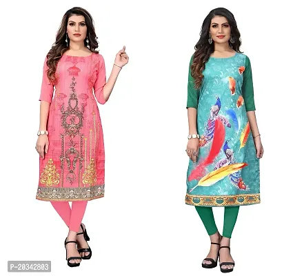 SANSKRUTI FASHION Women's Crepe Digital Print Straight Kurta(Pack of 2) (M, CORALPINKSeagreen)