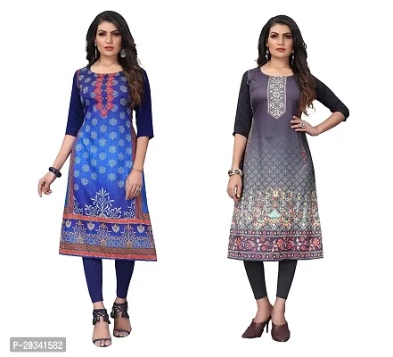 SANSKRUTI FASHION Women's Crepe Digital Print Straight Kurta(Pack of 2) (M, NNAVYBLUESILVERBLACK)-thumb0