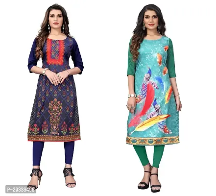 SANSKRUTI FASHION Women's Crepe Digital Print Straight Kurta(Pack of 2) (L, NAVYBLUESeagreen)-thumb0