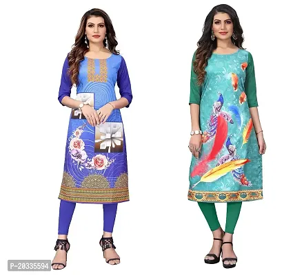 SANSKRUTI FASHION Women's Crepe Digital Print Straight Kurta(Pack of 2) (S, BlueSeagreen)-thumb0